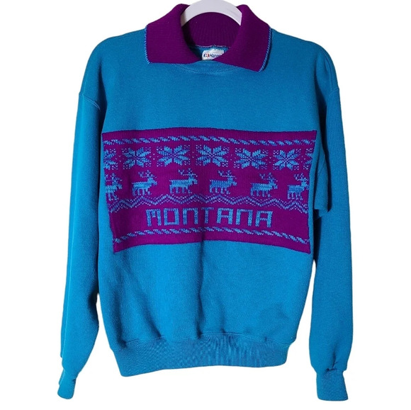 Hanes Tops - Vintage Hanes size Medium Knit collar fair isle sweatshirt Montana Blue Purple